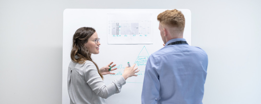 Erstellung Businessplan an Whiteboard Mann und Frau